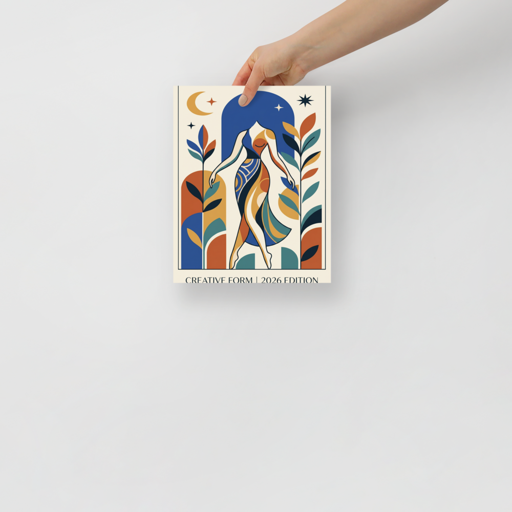 'Creative Form Under the Stars' — a Geometric abstract art,Modernism print. An abstract geometric portrait of a woman beneath a moonlit sky, a striking focal point for a Living Room.