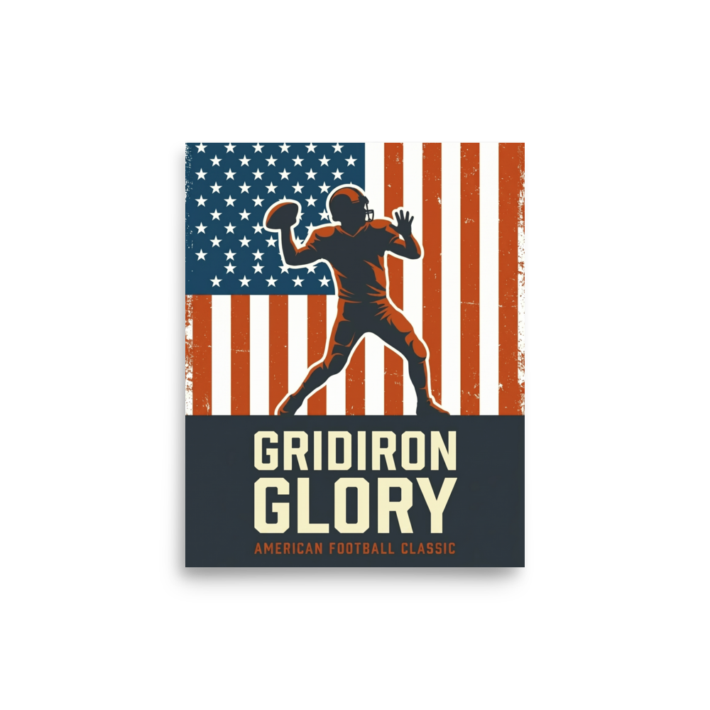 'Gridiron Glory' — a Pop art,Digital art print. A retro sports poster with a silhouette of an American football player throwing a ball against a distressed American flag, ideal for a Man Cave.