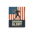 'Gridiron Glory' — a Pop art,Digital art print. A retro sports poster with a silhouette of an American football player throwing a ball against a distressed American flag, ideal for a Man Cave.