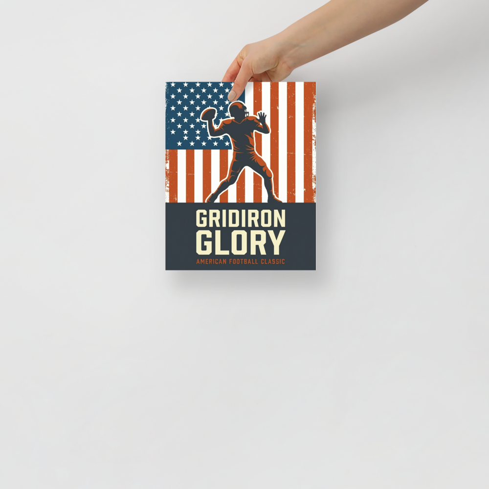 'Gridiron Glory' — a Pop art,Digital art print. A retro sports poster with a silhouette of an American football player throwing a ball against a distressed American flag, ideal for a Man Cave.