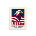 'Spirit of Liberty' — a Pop art print. Patriotic poster featuring a bald eagle and American flag with the words Liberty, Home of the Brave, and United We Stand, ideal for an Office or Garage.