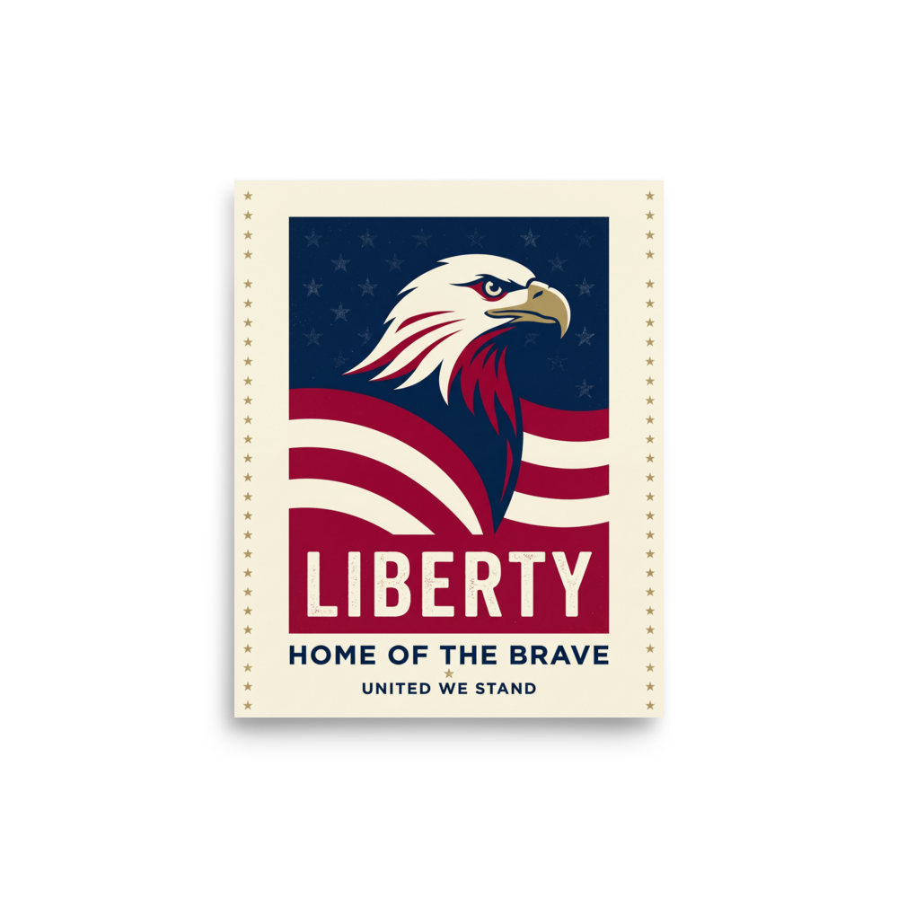 'Spirit of Liberty' — a Pop art print. Patriotic poster featuring a bald eagle and American flag with the words Liberty, Home of the Brave, and United We Stand, ideal for an Office or Garage.