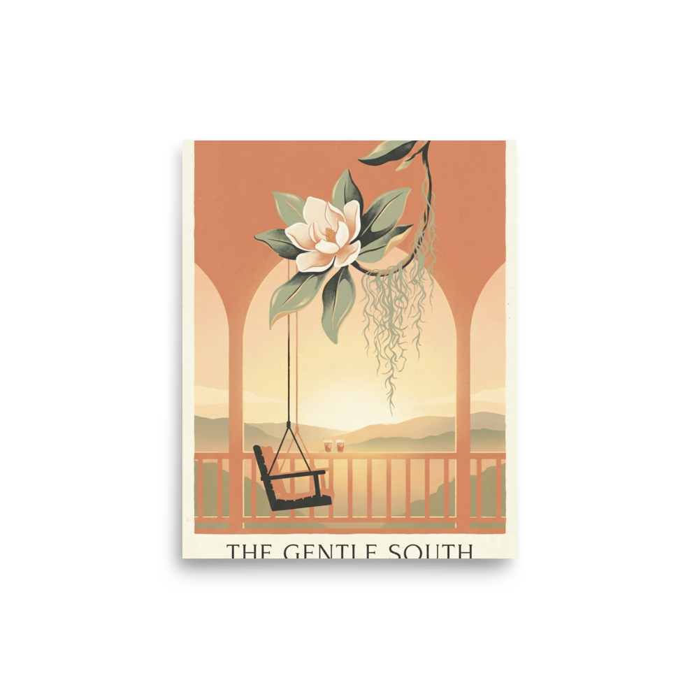 'The Gentle South' — a Art Nouveau,Digital art print. An elegant illustration of a magnolia flower, Spanish moss, and a porch swing at sunset with the text 'The Gentle South', a calming piece for a Sunroom.