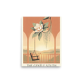 'The Gentle South' — a Art Nouveau,Digital art print. An elegant illustration of a magnolia flower, Spanish moss, and a porch swing at sunset with the text 'The Gentle South', a calming piece for a Sunroom.