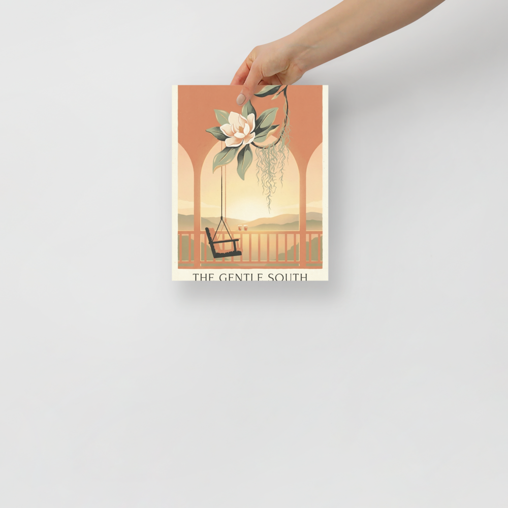 'The Gentle South' — a Art Nouveau,Digital art print. An elegant illustration of a magnolia flower, Spanish moss, and a porch swing at sunset with the text 'The Gentle South', a calming piece for a Sunroom.