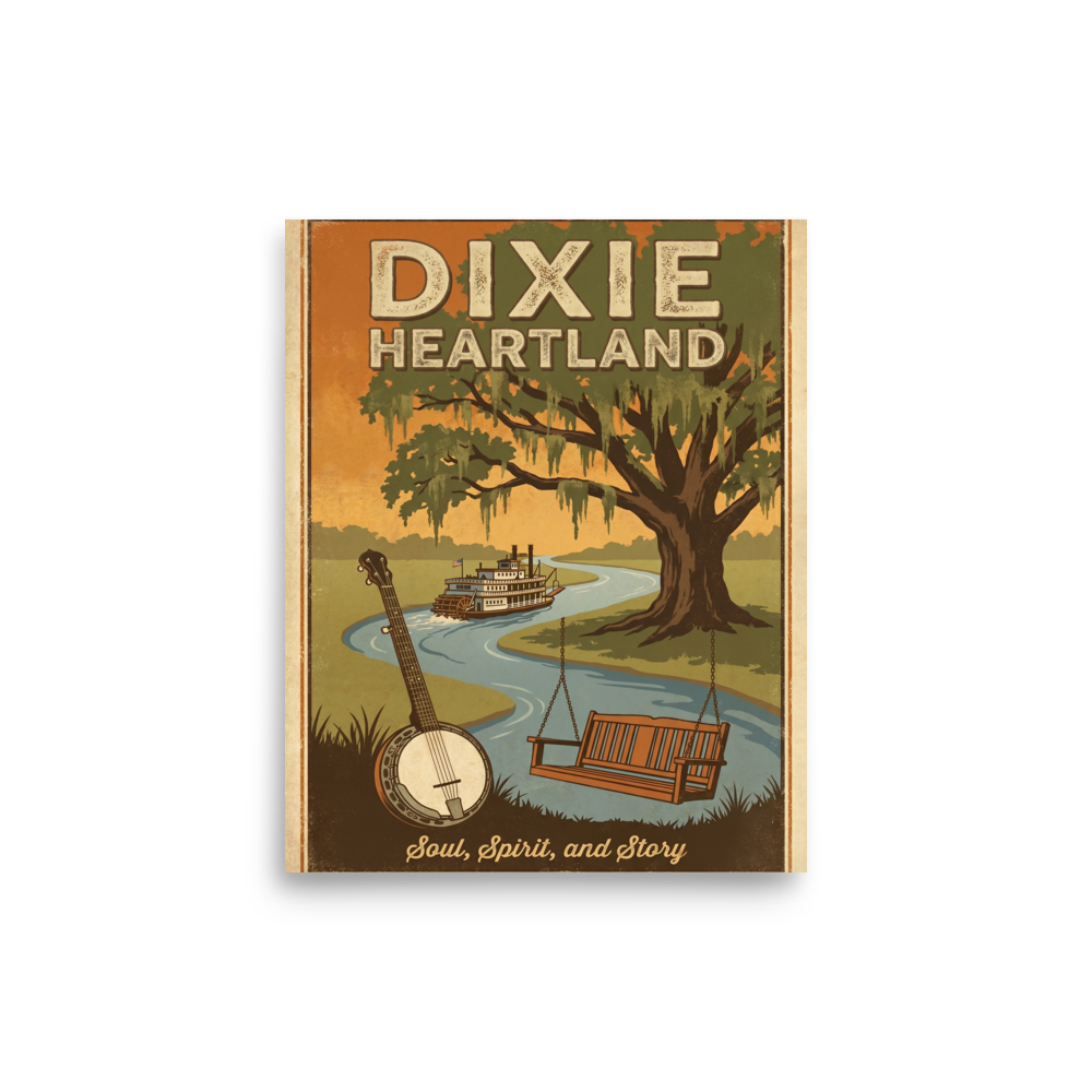 'Southern Soul' — a Regionalism print. Vintage illustration titled Dixie Heartland featuring a steamboat, banjo, and porch swing by a tranquil river under an oak tree, perfect for a Living Room or Den.