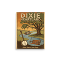 'Southern Soul' — a Regionalism print. Vintage illustration titled Dixie Heartland featuring a steamboat, banjo, and porch swing by a tranquil river under an oak tree, perfect for a Living Room or Den.
