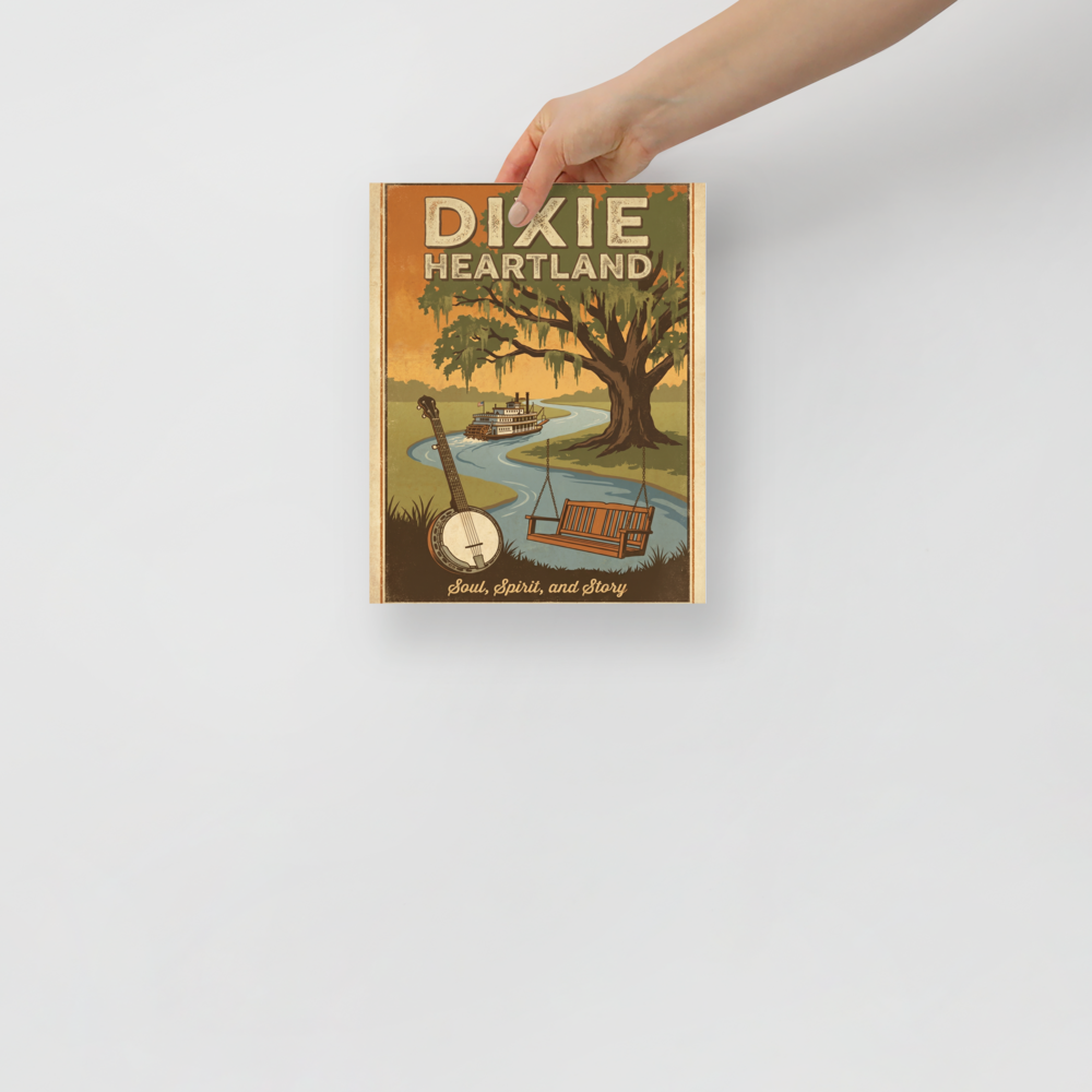 'Southern Soul' — a Regionalism print. Vintage illustration titled Dixie Heartland featuring a steamboat, banjo, and porch swing by a tranquil river under an oak tree, perfect for a Living Room or Den.