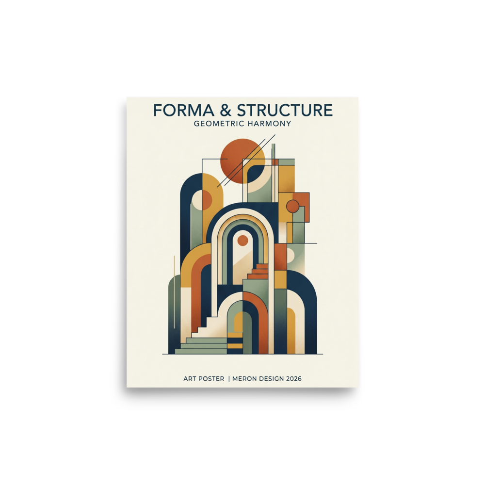 'Geometric Harmony' — a Geometric abstract art,Bauhaus print. A structured abstract composition of arches and geometric shapes, bringing architectural elegance to an Office or Living Room.