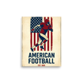 'Gridiron Heritage' — a Pop art,Digital art print. A vintage-style illustration of an American football player running against a distressed American flag, an energetic piece for a Man Cave.