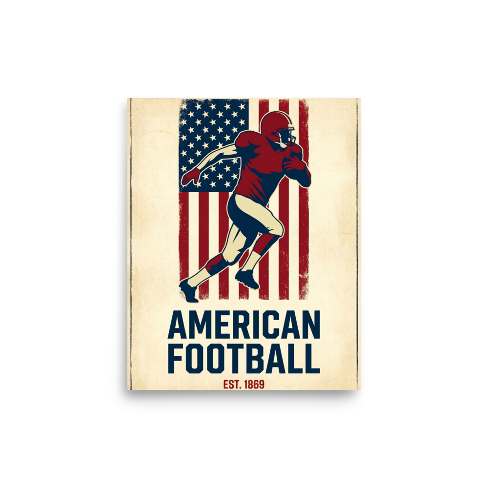 'Gridiron Heritage' — a Pop art,Digital art print. A vintage-style illustration of an American football player running against a distressed American flag, an energetic piece for a Man Cave.