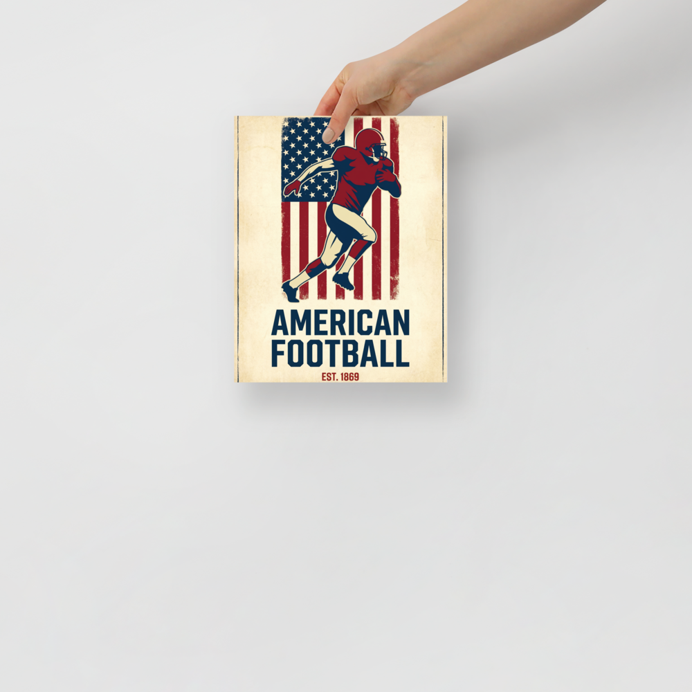 'Gridiron Heritage' — a Pop art,Digital art print. A vintage-style illustration of an American football player running against a distressed American flag, an energetic piece for a Man Cave.