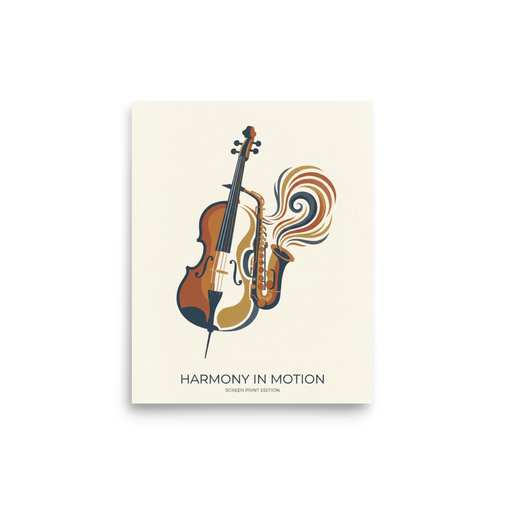 'Rhythm and Strings' — a Modernism print. Modern poster titled Harmony in Motion showing a cello and a saxophone blending together with colorful sound waves, perfect for a Studio or Living Room.