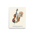 'Rhythm and Strings' — a Modernism print. Modern poster titled Harmony in Motion showing a cello and a saxophone blending together with colorful sound waves, perfect for a Studio or Living Room.