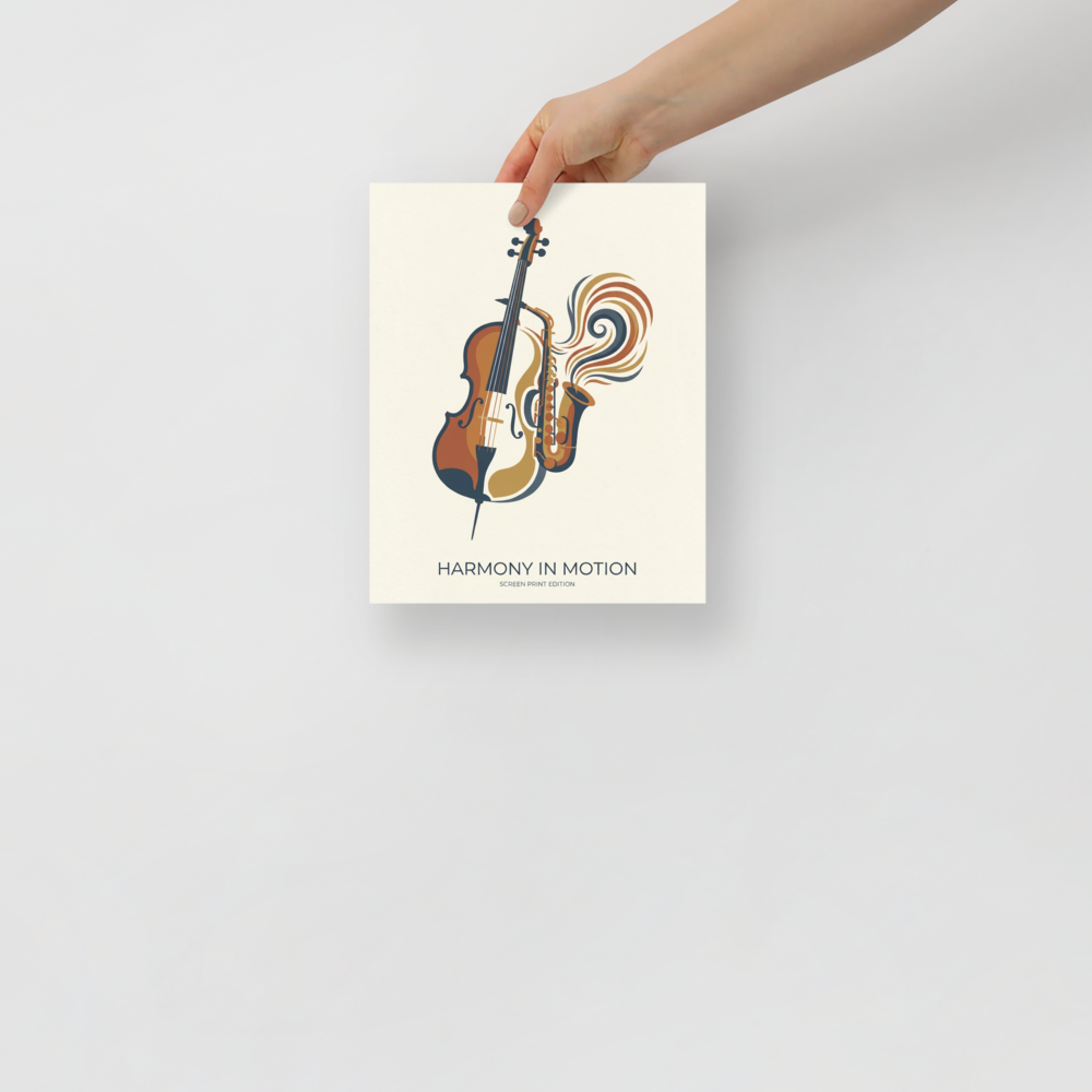 'Rhythm and Strings' — a Modernism print. Modern poster titled Harmony in Motion showing a cello and a saxophone blending together with colorful sound waves, perfect for a Studio or Living Room.