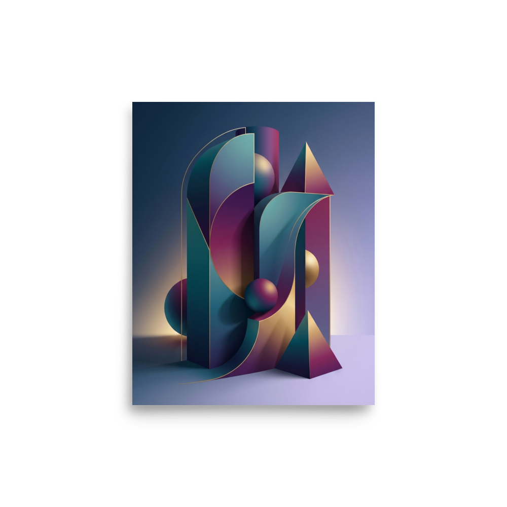 'Luminescent Geometry' — a Geometric abstract art print. A vibrant 3D geometric abstract with smooth lighting and gradients, a bold accent for a modern Studio or Living Room.