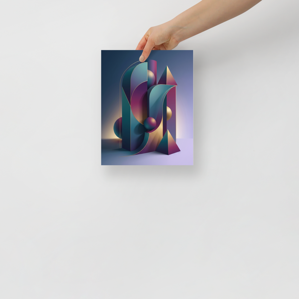 'Luminescent Geometry' — a Geometric abstract art print. A vibrant 3D geometric abstract with smooth lighting and gradients, a bold accent for a modern Studio or Living Room.
