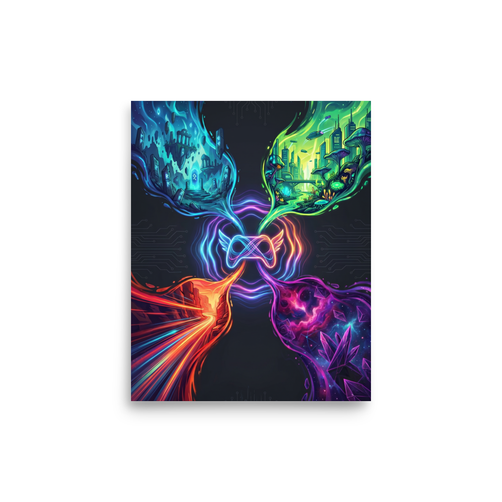 'Infinite Realms of Play' — a Digital art,Surrealism print. A glowing game controller with an infinity symbol connects to four unique worlds: ruins, sci-fi city, fiery canyon, and crystal galaxy, perfect for a lively Game Room.