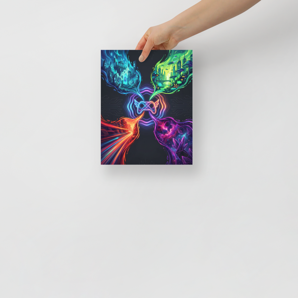 'Infinite Realms of Play' — a Digital art,Surrealism print. A glowing game controller with an infinity symbol connects to four unique worlds: ruins, sci-fi city, fiery canyon, and crystal galaxy, perfect for a lively Game Room.