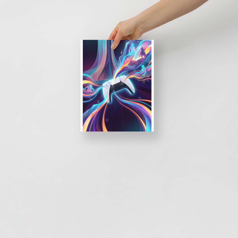 'Neon Gameplay' — a Pop art print. Vibrant digital illustration titled Console Energy showing a gaming controller radiating neon colors and geometric shapes, ideal for a Game Room or Bedroom.