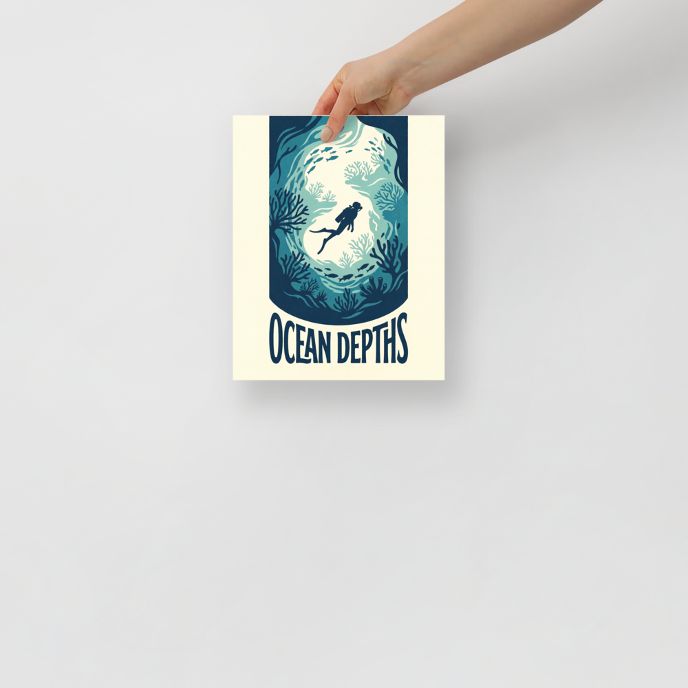 'Into the Deep Blue' — a Digital art,Minimalism print. A silhouette of a scuba diver swimming through a coral cave in varying shades of teal and cyan, ideal for a calming Bathroom.