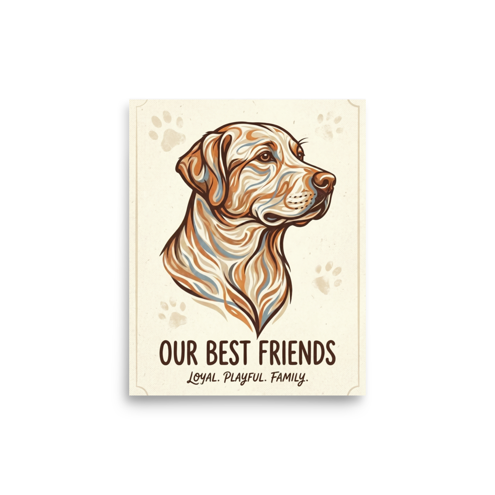 'Loyal Companion' — a Digital art,Modernism print. A stylized portrait of a dog created with flowing lines and warm colors alongside the text 'Our Best Friends', a great addition to a Living Room.