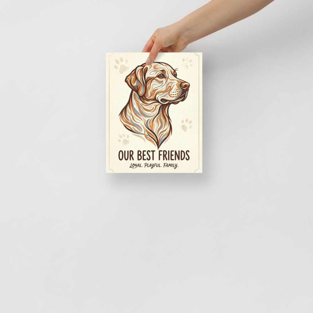 'Loyal Companion' — a Digital art,Modernism print. A stylized portrait of a dog created with flowing lines and warm colors alongside the text 'Our Best Friends', a great addition to a Living Room.