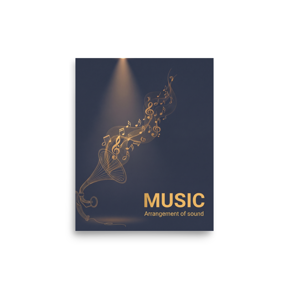 'Golden Melody' — a Art Deco print. A golden line art illustration of a gramophone emitting musical notes, a nostalgic and elegant piece for a Home Theater or Living Room.