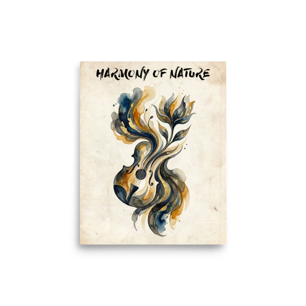 'Harmony of Nature' — a Fine Art print. A watercolor painting of a guitar blending into organic floral shapes in navy and gold colors with the text 'Harmony of Nature', perfect for a Living Room.