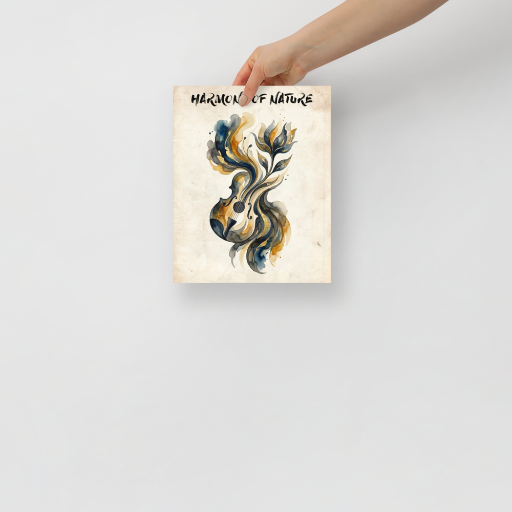'Harmony of Nature' — a Fine Art print. A watercolor painting of a guitar blending into organic floral shapes in navy and gold colors with the text 'Harmony of Nature', perfect for a Living Room.