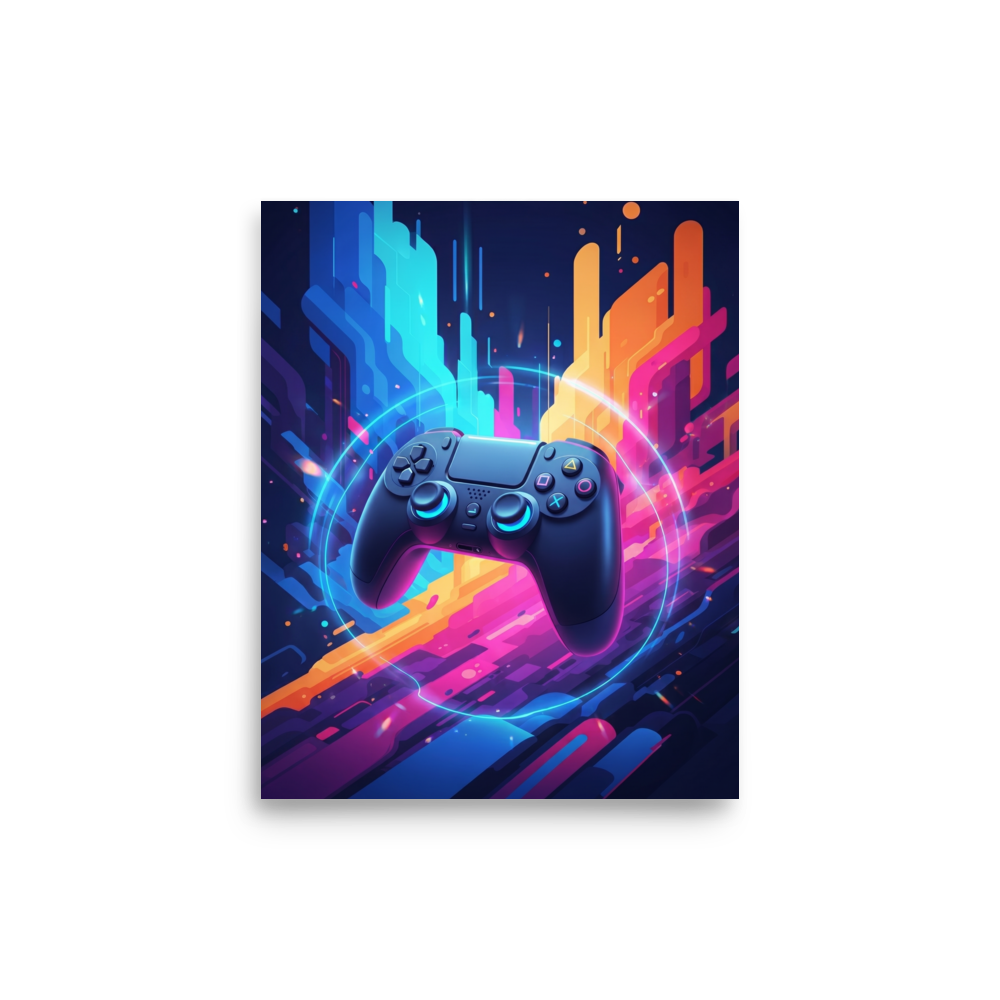 'Synthwave Gamer' — a Pop art print. A glowing gaming controller surrounded by neon colors and abstract shapes, an electrifying centerpiece for a Game Room or Man Cave.