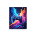 'Synthwave Gamer' — a Pop art print. A glowing gaming controller surrounded by neon colors and abstract shapes, an electrifying centerpiece for a Game Room or Man Cave.