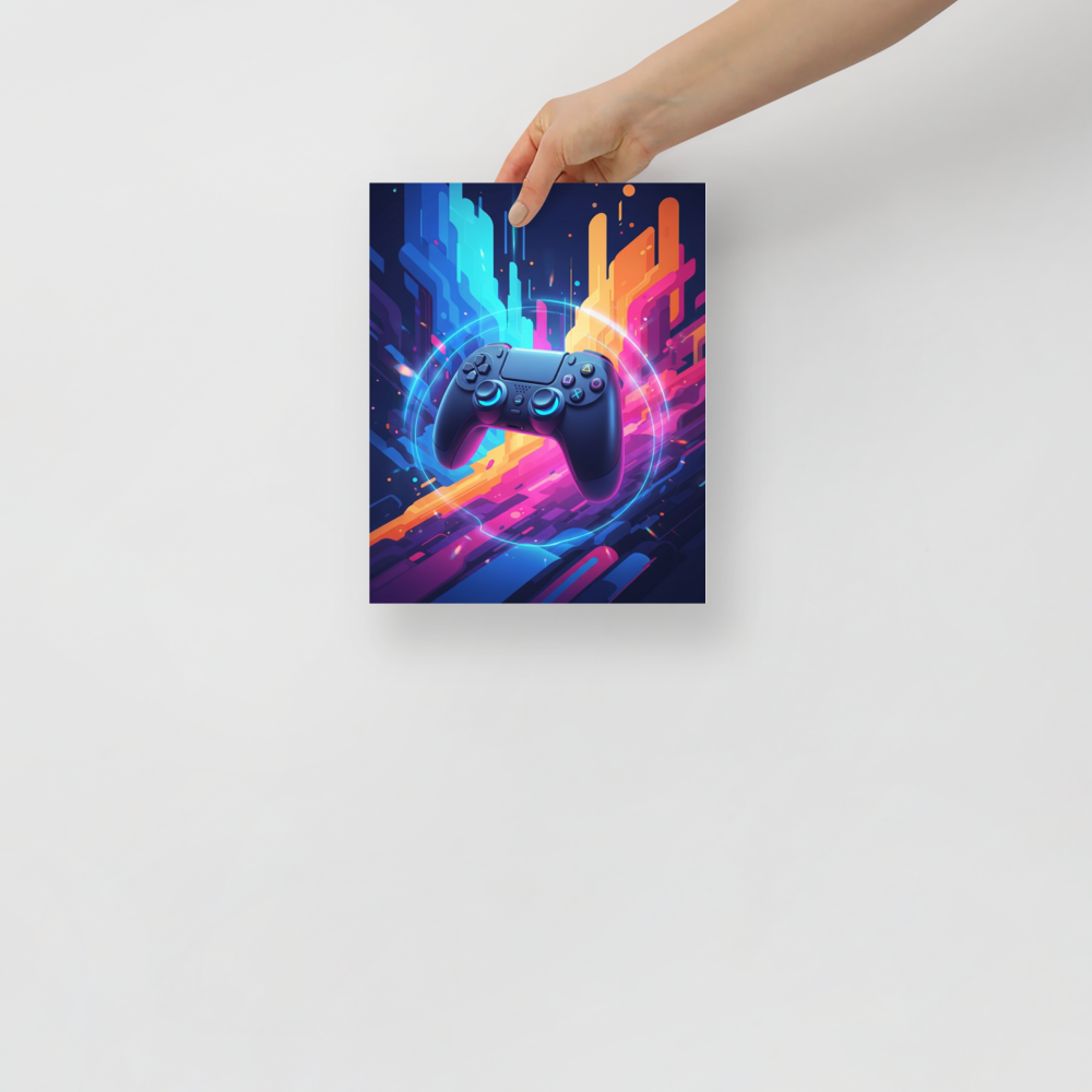 'Synthwave Gamer' — a Pop art print. A glowing gaming controller surrounded by neon colors and abstract shapes, an electrifying centerpiece for a Game Room or Man Cave.