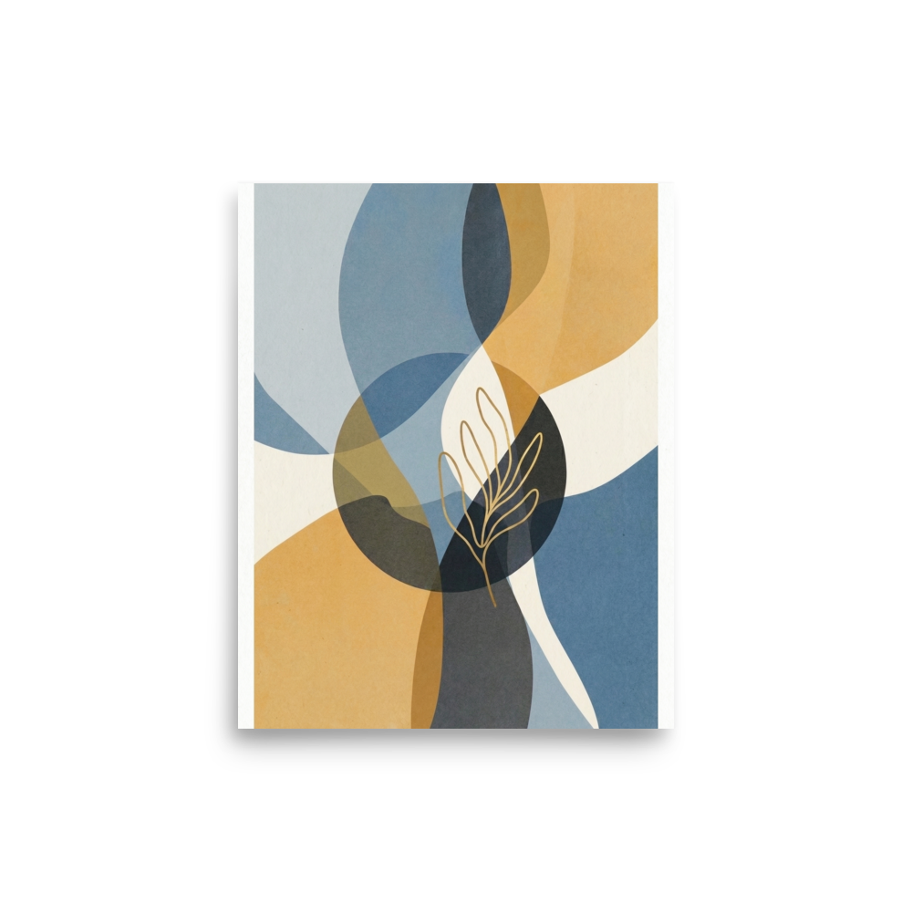 'Serene Geometry' — a Abstract art,Minimalism print. Abstract geometric overlapping shapes in blue, mustard, and gray with a golden line art leaf in the center, ideal for a contemporary Office.