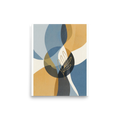 'Serene Geometry' — a Abstract art,Minimalism print. Abstract geometric overlapping shapes in blue, mustard, and gray with a golden line art leaf in the center, ideal for a contemporary Office.