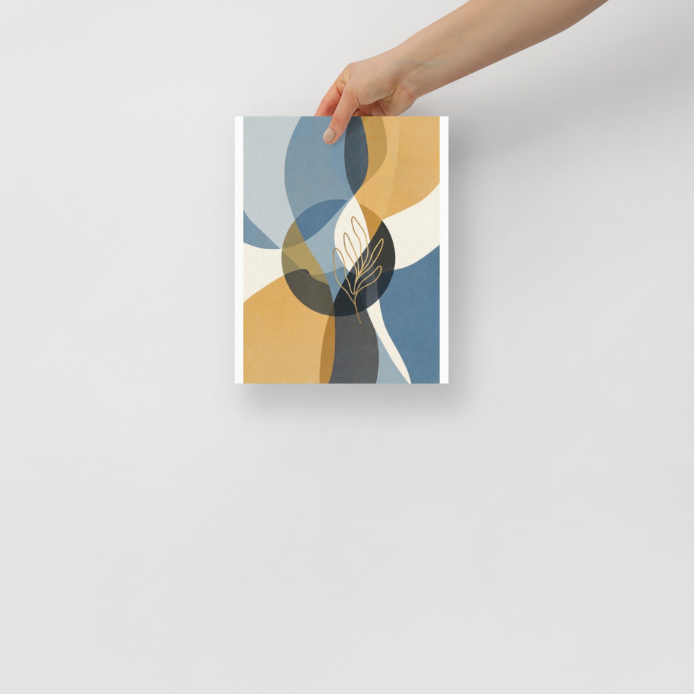 'Serene Geometry' — a Abstract art,Minimalism print. Abstract geometric overlapping shapes in blue, mustard, and gray with a golden line art leaf in the center, ideal for a contemporary Office.