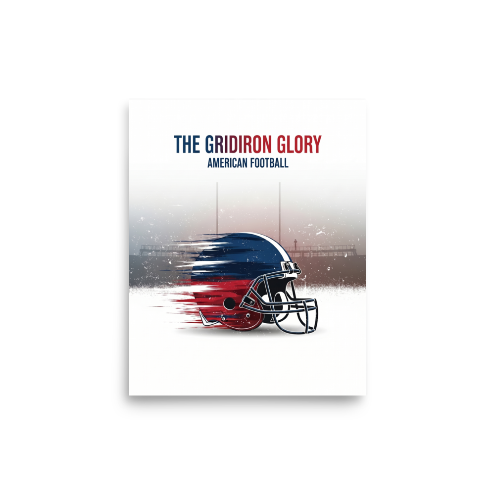 'The Gridiron Glory' — a Digital art print. A red, white, and blue American football helmet with motion blur effects against a misty stadium, a bold piece for a Game Room.