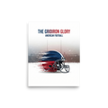 'The Gridiron Glory' — a Digital art print. A red, white, and blue American football helmet with motion blur effects against a misty stadium, a bold piece for a Game Room.