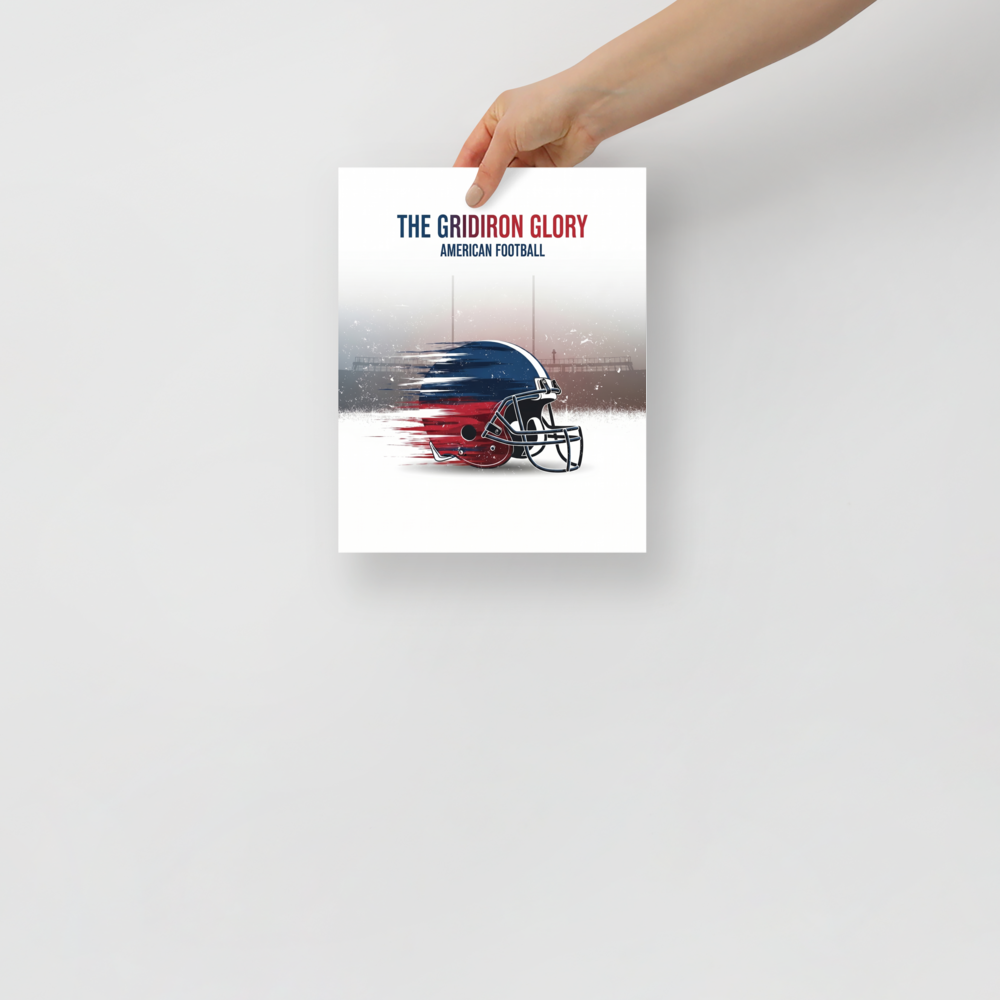 'The Gridiron Glory' — a Digital art print. A red, white, and blue American football helmet with motion blur effects against a misty stadium, a bold piece for a Game Room.