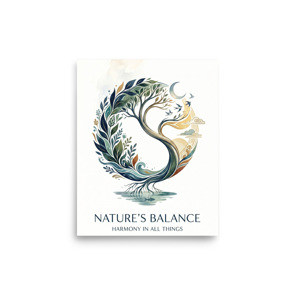 'Nature's Balance' — a Modernism print. A circular watercolor illustration of a tree transitioning from day to night with roots reflecting in water and text reading 'Nature's Balance', ideal for a Meditation Room.