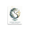 'Nature's Balance' — a Modernism print. A circular watercolor illustration of a tree transitioning from day to night with roots reflecting in water and text reading 'Nature's Balance', ideal for a Meditation Room.