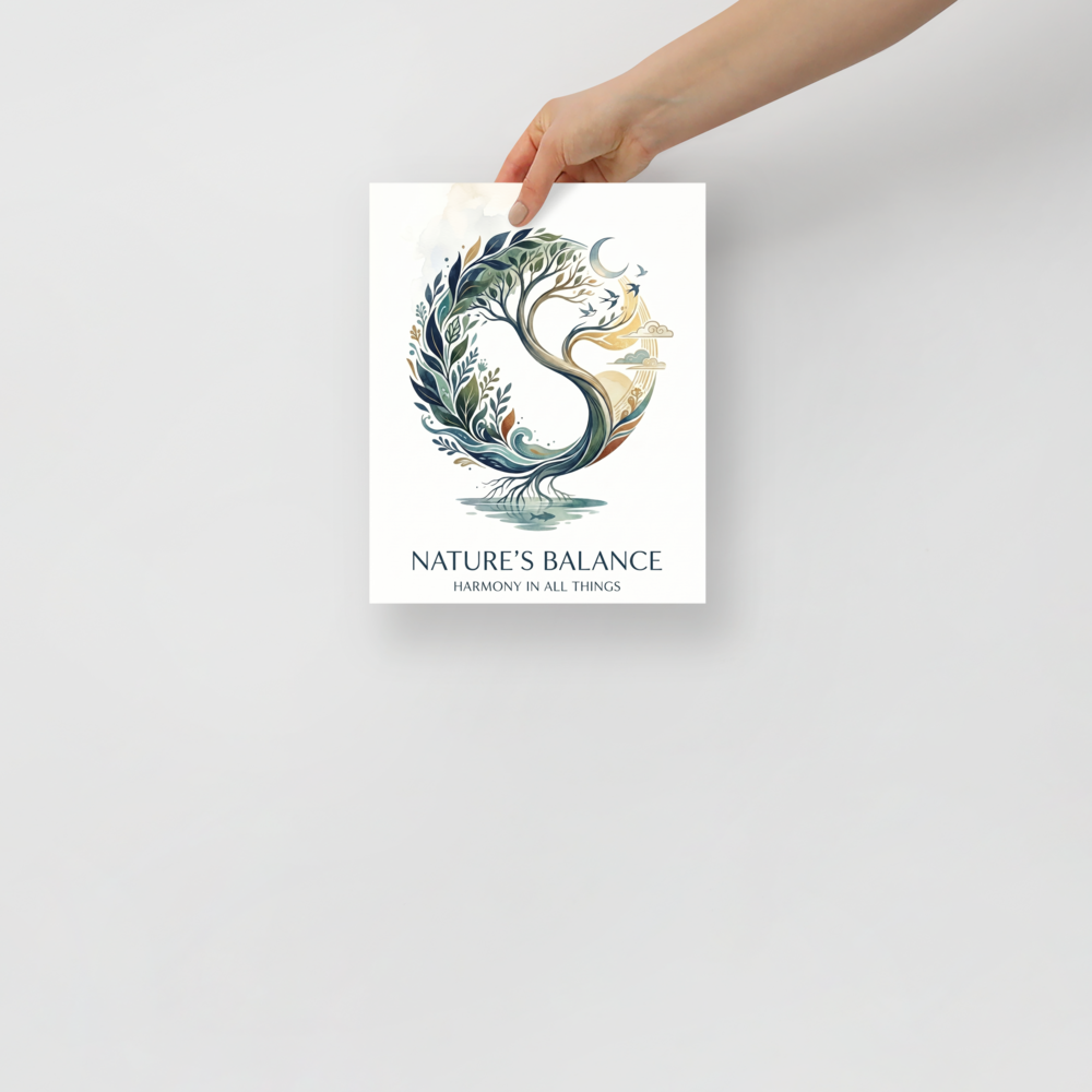 'Nature's Balance' — a Modernism print. A circular watercolor illustration of a tree transitioning from day to night with roots reflecting in water and text reading 'Nature's Balance', ideal for a Meditation Room.