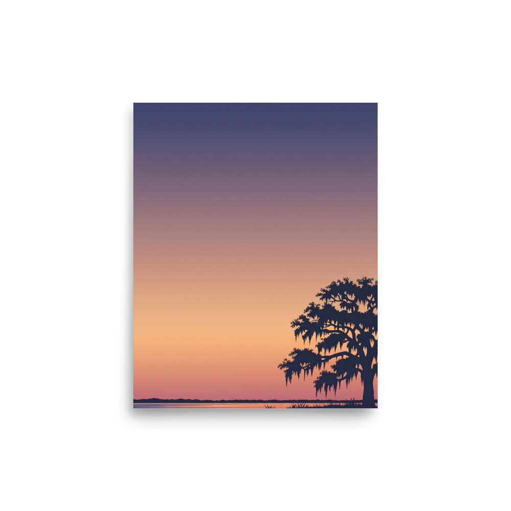 'Twilight Tranquility' — a Digital art,Minimalism print. A serene landscape with a vibrant purple and orange sunset over a lake and the silhouette of a tree, perfect for a Bedroom.