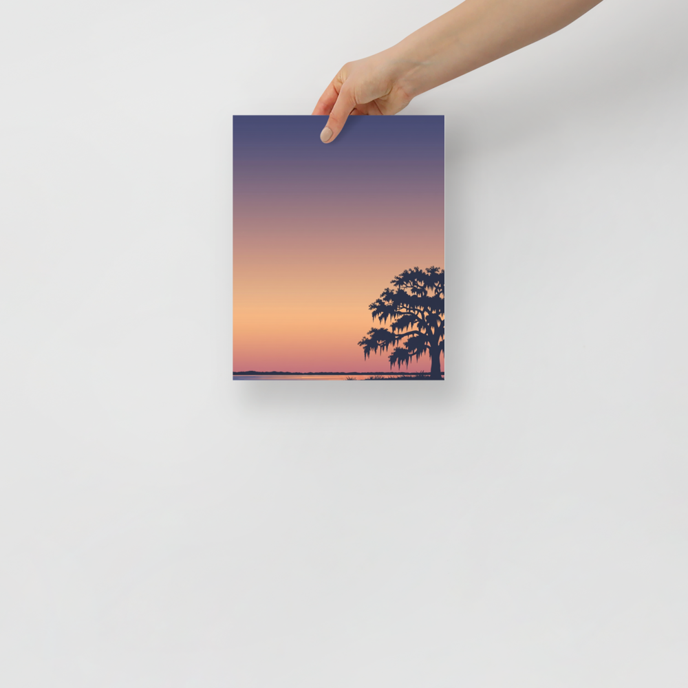 'Twilight Tranquility' — a Digital art,Minimalism print. A serene landscape with a vibrant purple and orange sunset over a lake and the silhouette of a tree, perfect for a Bedroom.