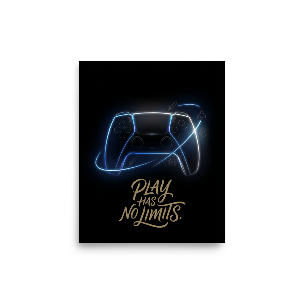 'No Limits' — a Digital art,Pop art print. A glowing neon gaming controller surrounded by floating icons and the text 'Play Has No Limits' against a dark background, perfect for a Game Room.