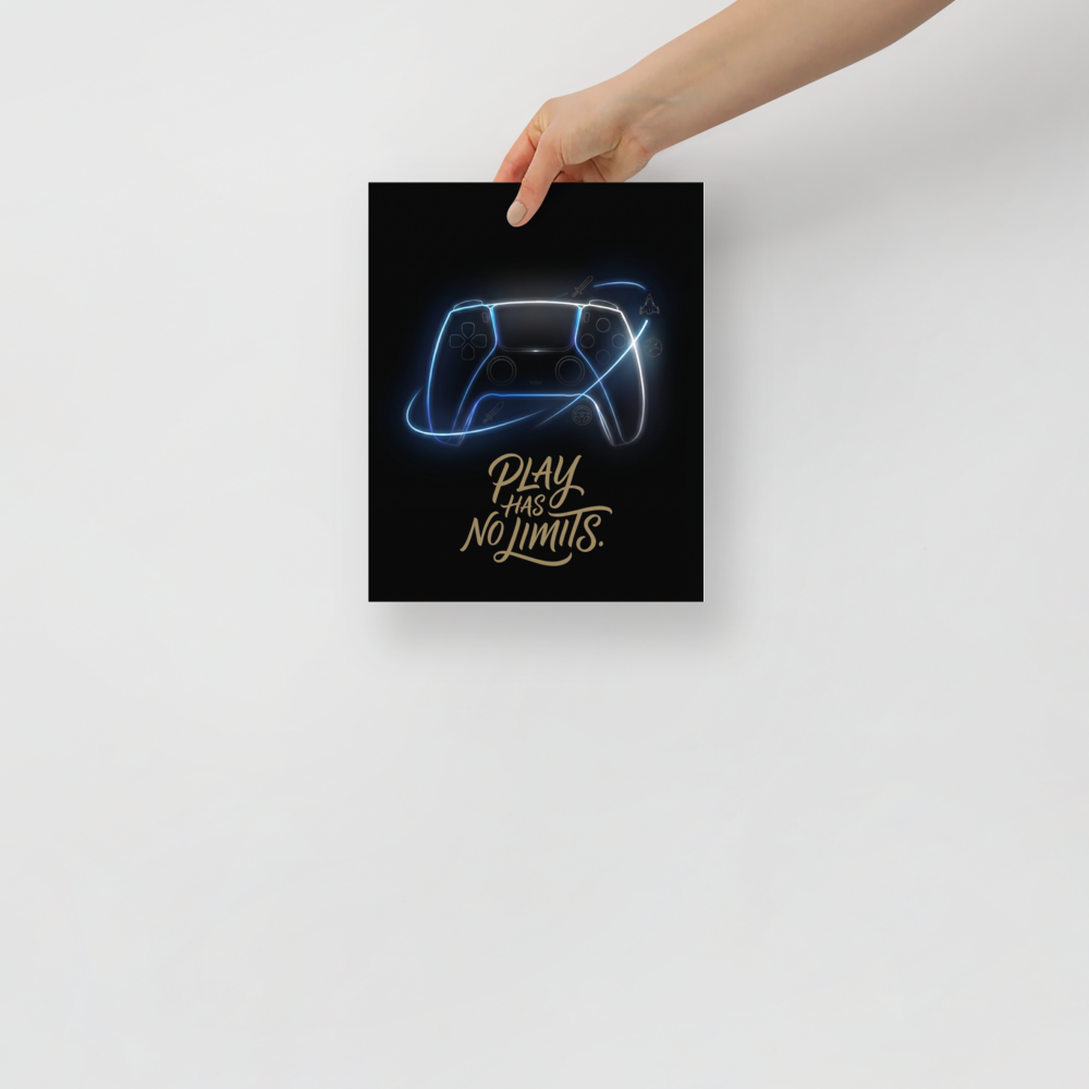 'No Limits' — a Digital art,Pop art print. A glowing neon gaming controller surrounded by floating icons and the text 'Play Has No Limits' against a dark background, perfect for a Game Room.