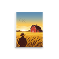 'Harvest Horizons' — a American Scene Painting,Digital art print. A picturesque sunset over a golden wheat field with a farmer and a red barn, a warm addition to a Living Room.