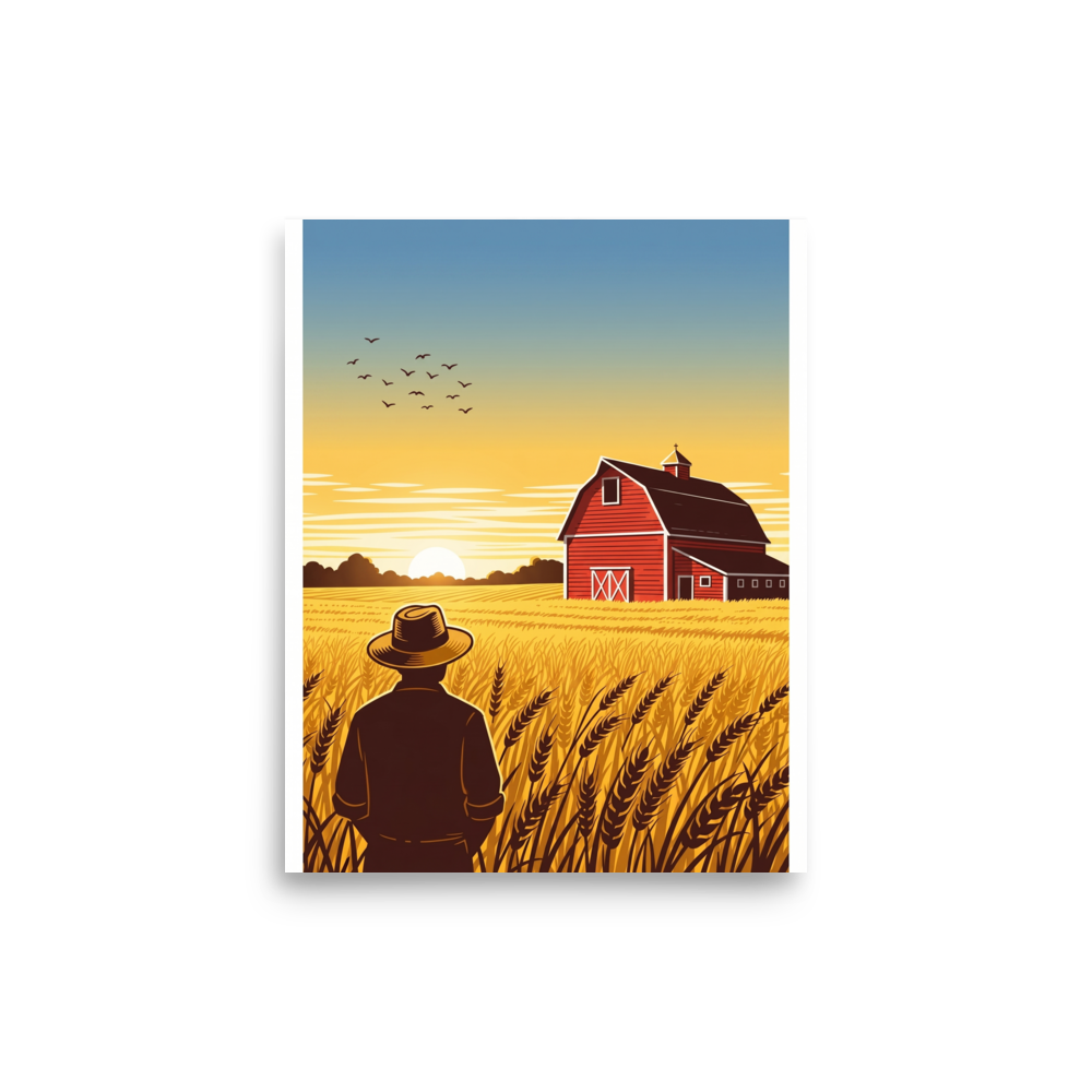 'Harvest Horizons' — a American Scene Painting,Digital art print. A picturesque sunset over a golden wheat field with a farmer and a red barn, a warm addition to a Living Room.