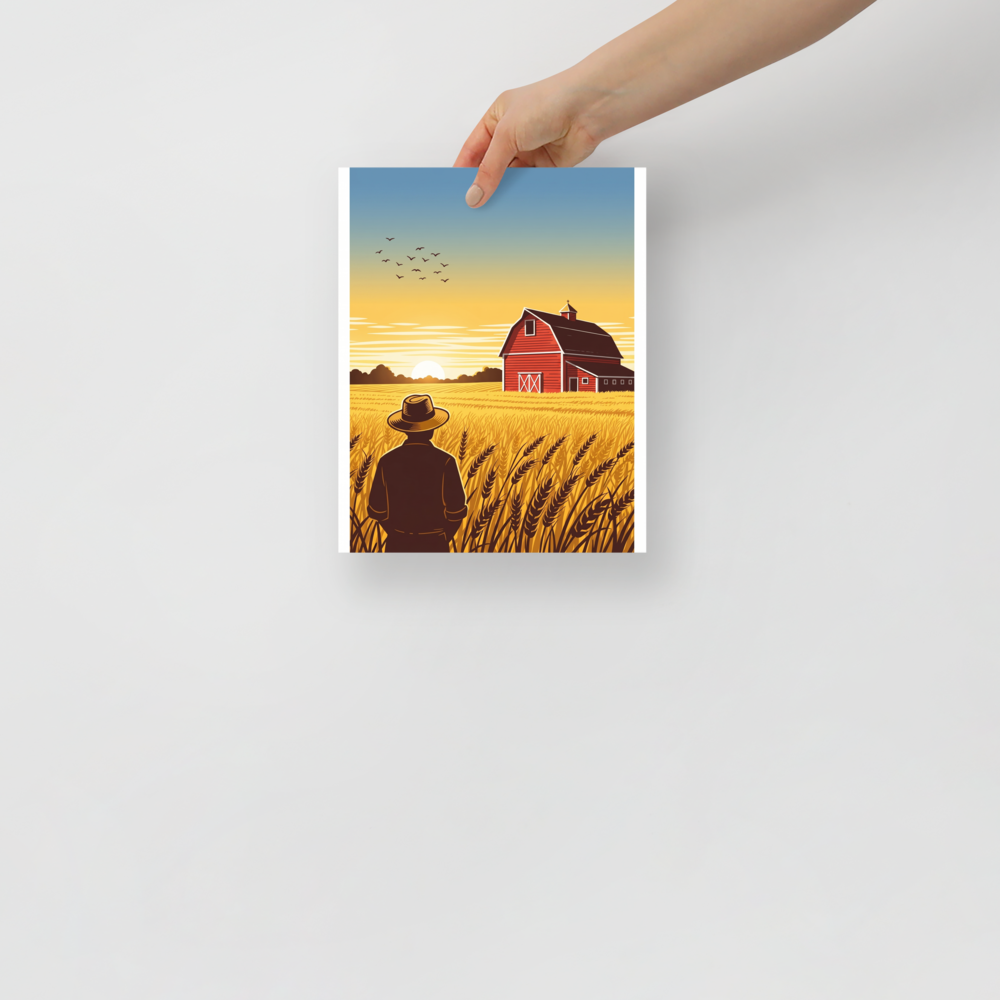 'Harvest Horizons' — a American Scene Painting,Digital art print. A picturesque sunset over a golden wheat field with a farmer and a red barn, a warm addition to a Living Room.