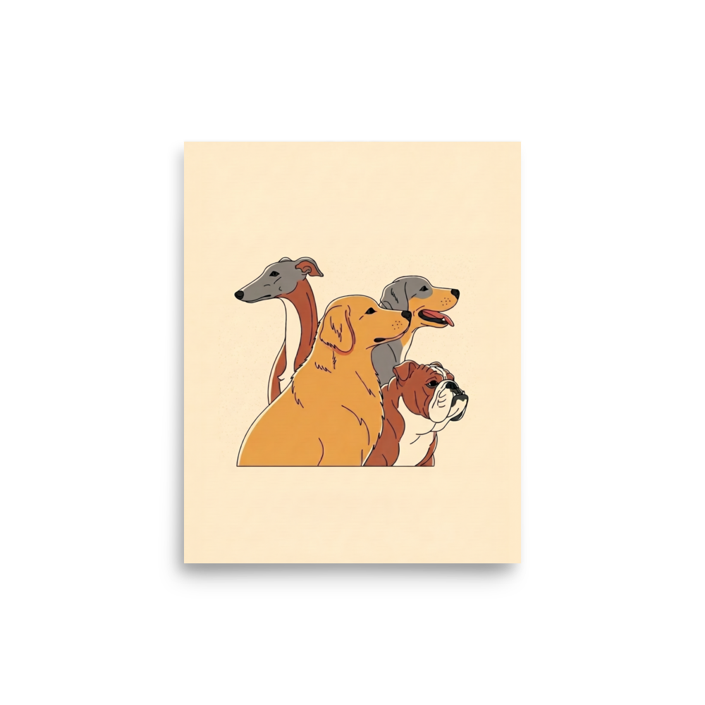 'The Canine Trio' — a Digital art,Pop art print. A minimalist illustration of a Greyhound, Golden Retriever, and Bulldog layered together on a warm beige background, great for a Living Room.